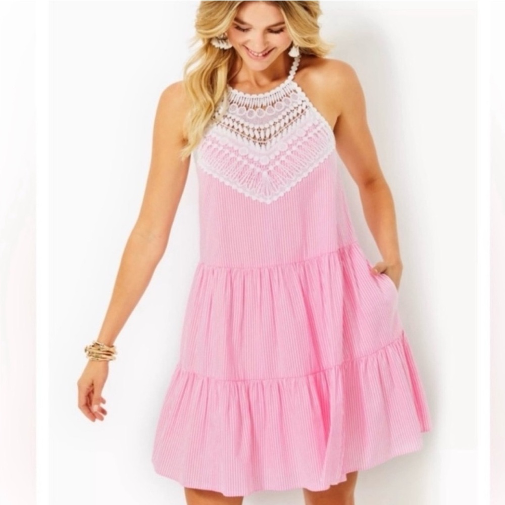 🔥Lilly Pulitzer Britt Seersucker Striped Halter Lace Dress Havana Pink - Picture 2 of 10